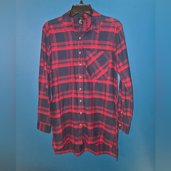 Forever 21 Navy & Red Plaid Button Down dress, Size Small - Picture 3 of 11